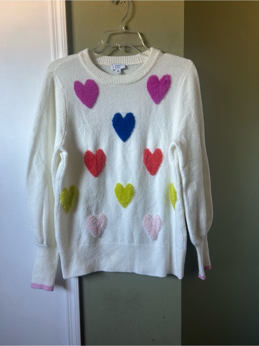crown & ivy White Crewneck Sweater with Multicolor Heart Appliqués
